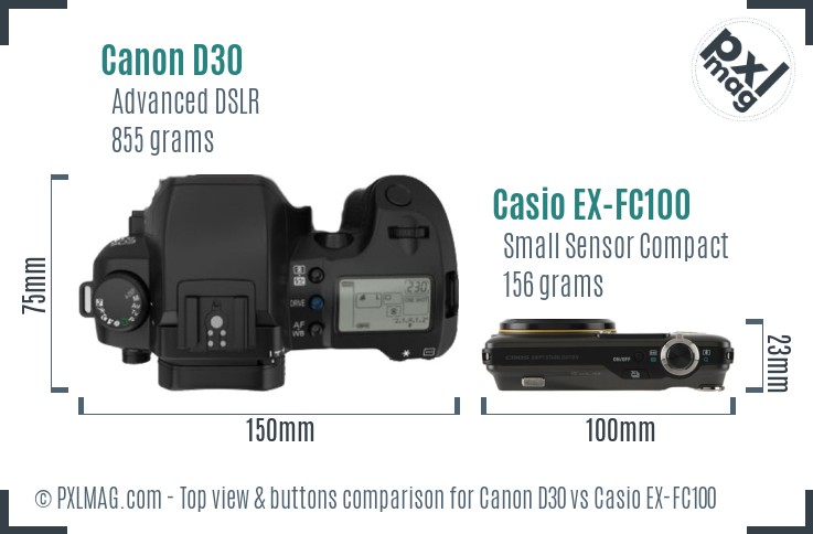 Canon D30 vs Casio EX-FC100 top view buttons comparison