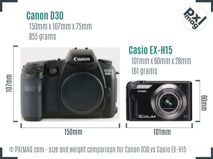 Canon D30 vs Casio EX-H15 size comparison