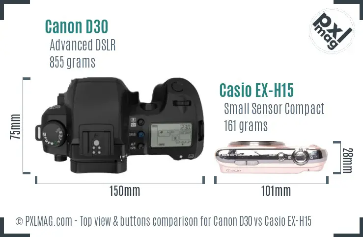 Canon D30 vs Casio EX-H15 top view buttons comparison