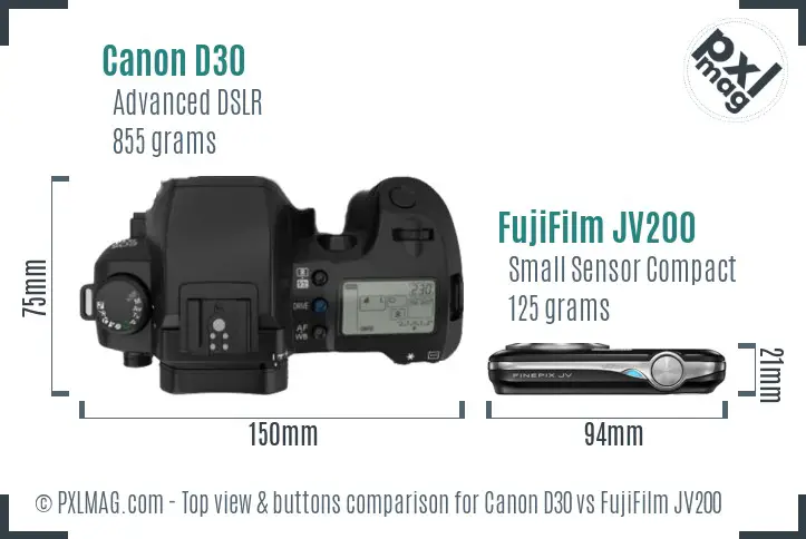 Canon D30 vs FujiFilm JV200 top view buttons comparison Canon D30 vs FujiFilm JV200 top view buttons comparison