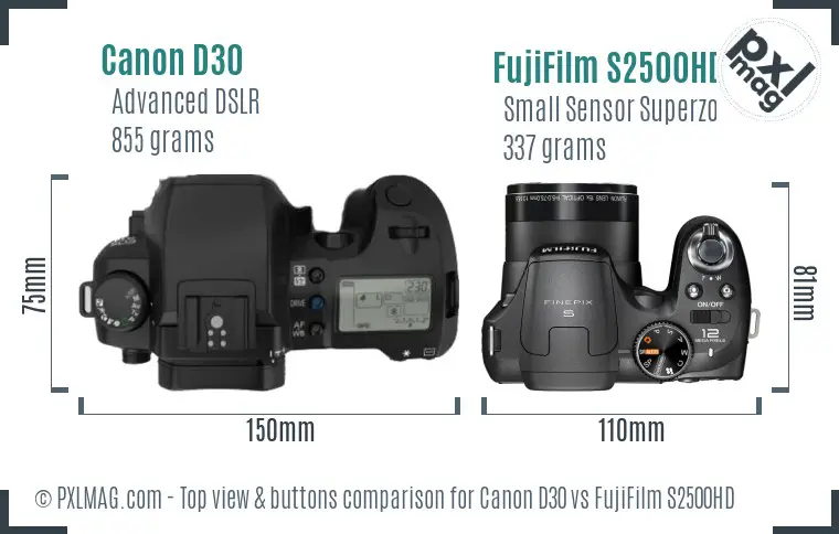 Canon D30 vs FujiFilm S2500HD top view buttons comparison