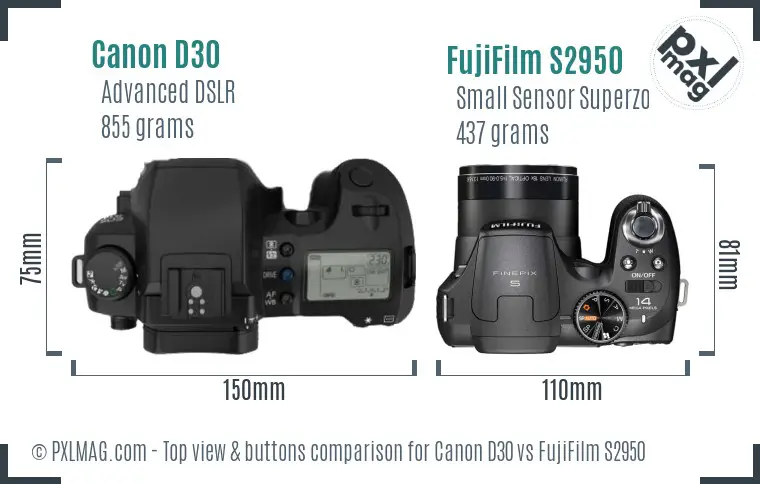 Canon D30 vs FujiFilm S2950 top view buttons comparison