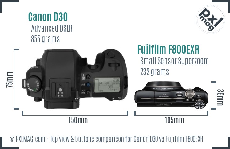 Canon D30 vs Fujifilm F800EXR top view buttons comparison