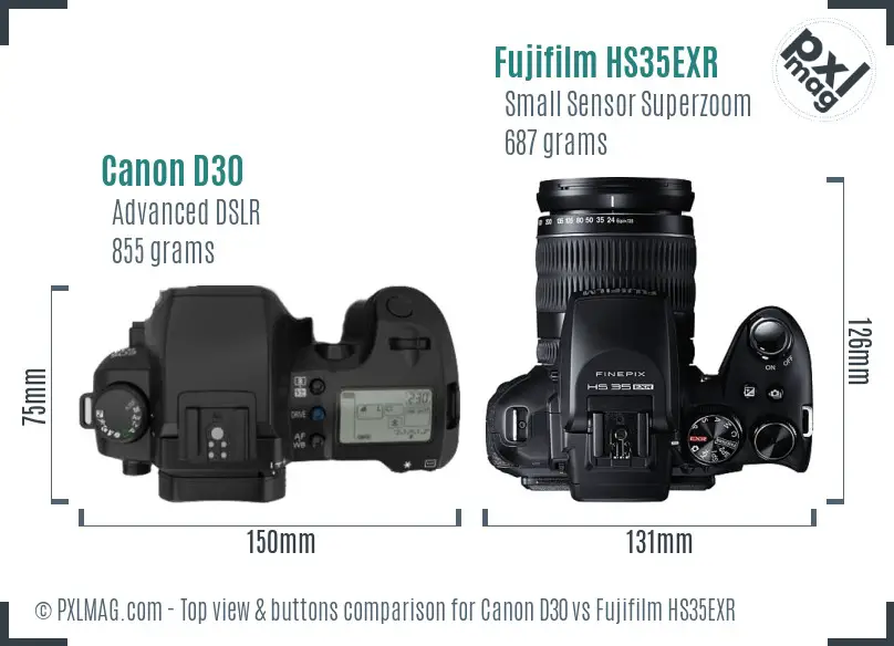 Canon D30 vs Fujifilm HS35EXR top view buttons comparison Canon D30 vs Fujifilm HS35EXR top view buttons comparison