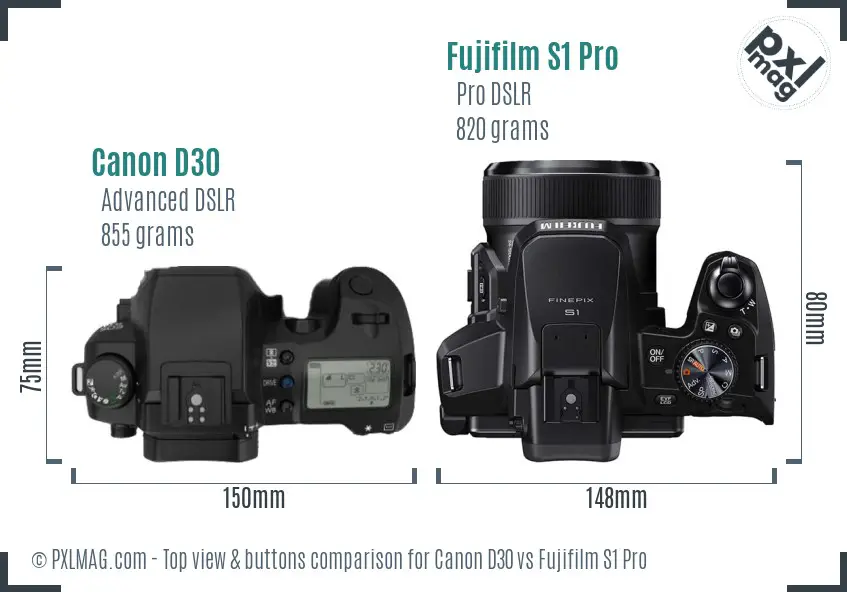 Canon D30 vs Fujifilm S1 Pro top view buttons comparison