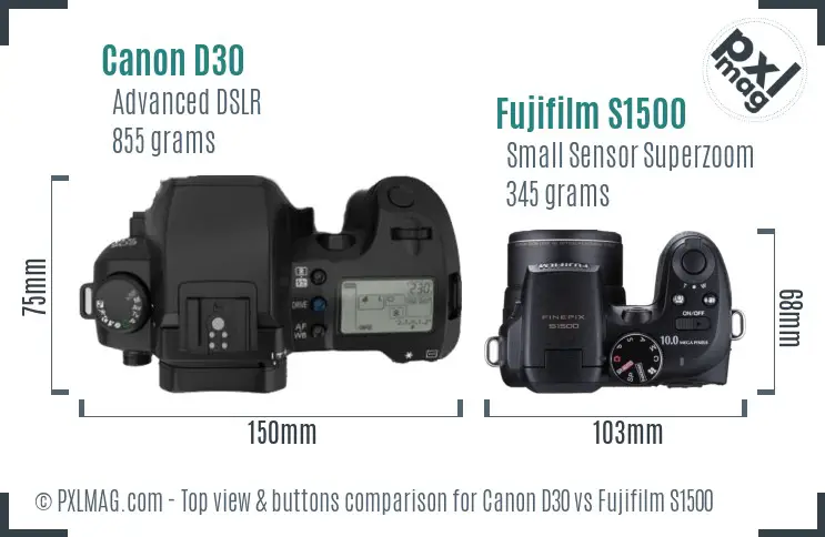 Canon D30 vs Fujifilm S1500 top view buttons comparison