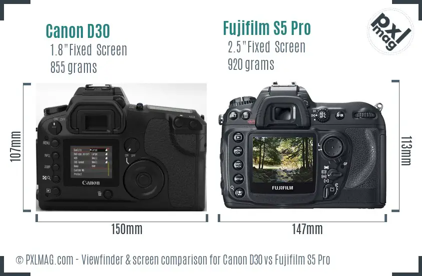 Canon D30 vs Fujifilm S5 Pro Screen and Viewfinder comparison