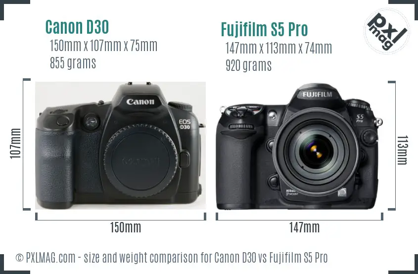 Canon D30 vs Fujifilm S5 Pro size comparison