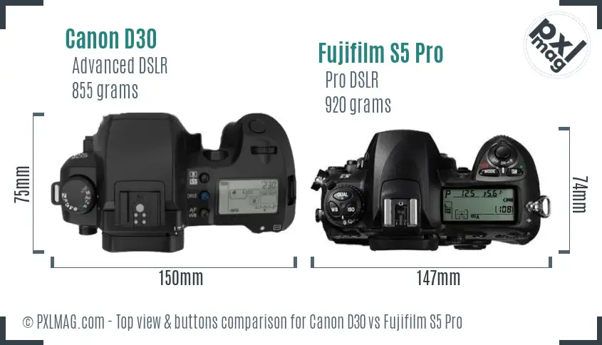 Canon D30 vs Fujifilm S5 Pro top view buttons comparison
