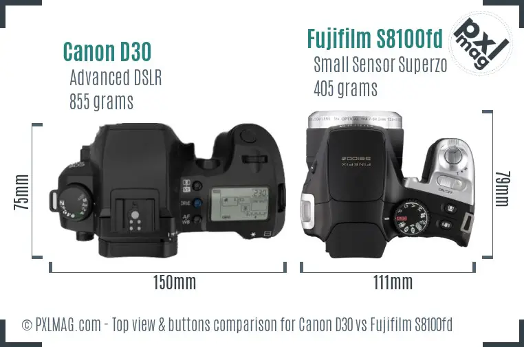 Canon D30 vs Fujifilm S8100fd top view buttons comparison Canon D30 vs Fujifilm S8100fd top view buttons comparison