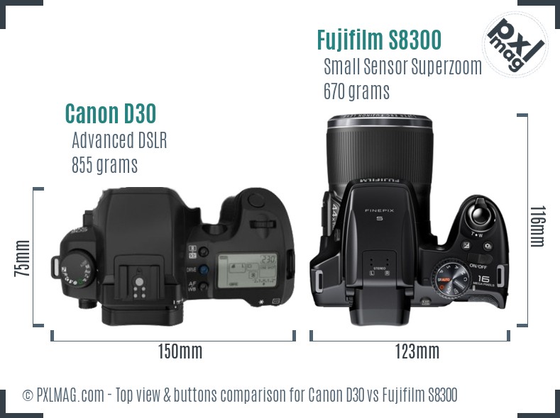 Canon D30 vs Fujifilm S8300 top view buttons comparison