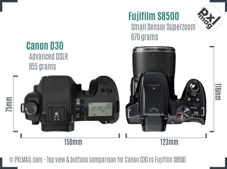 Canon D30 vs Fujifilm S8500 top view buttons comparison
