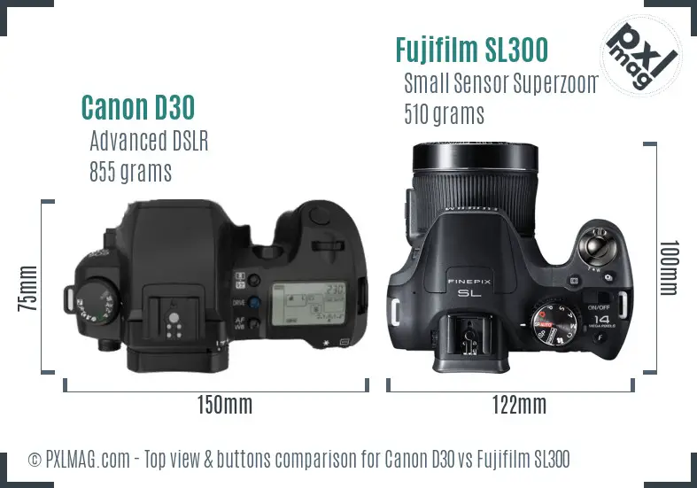 Canon D30 vs Fujifilm SL300 top view buttons comparison Canon D30 vs Fujifilm SL300 top view buttons comparison