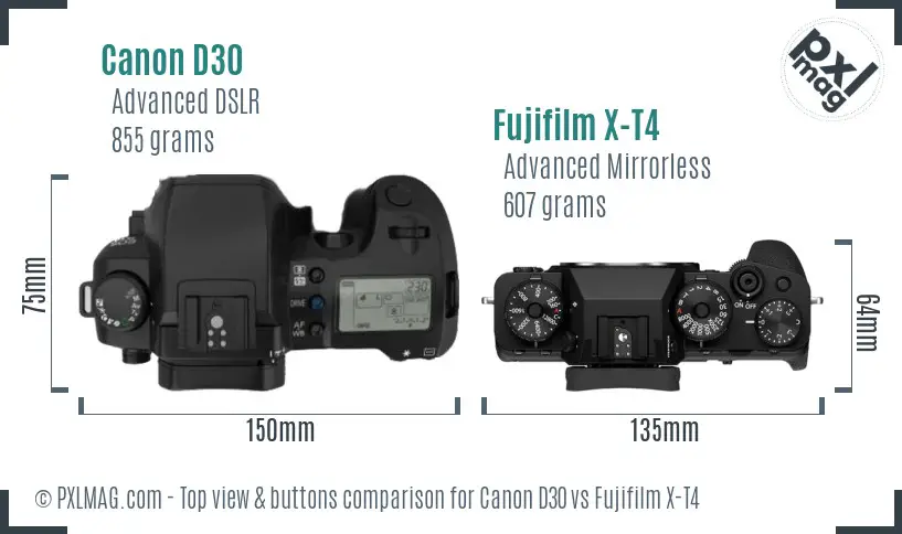 Canon D30 vs Fujifilm X-T4 top view buttons comparison