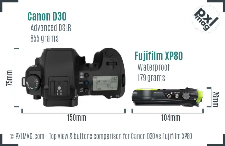 Canon D30 vs Fujifilm XP80 top view buttons comparison