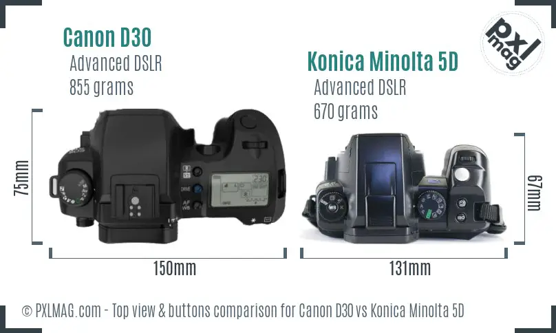 Canon D30 vs Konica Minolta 5D top view buttons comparison