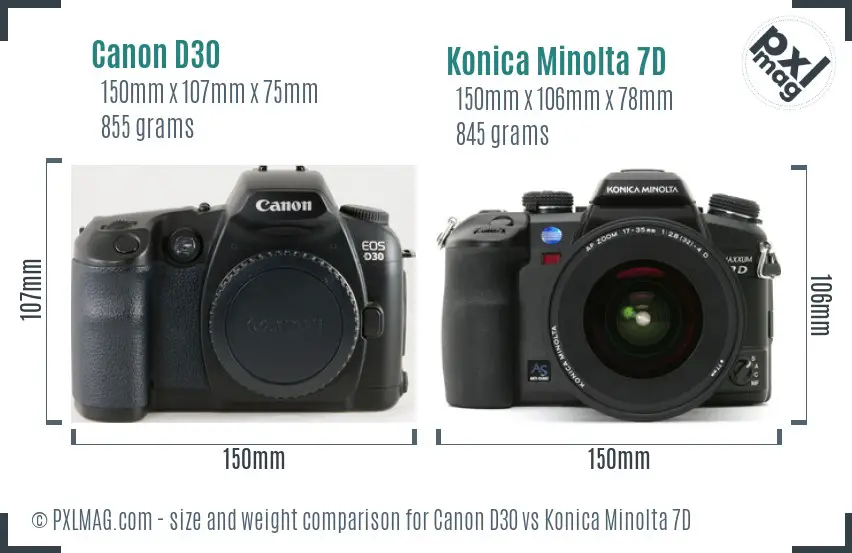 Canon D30 vs Konica Minolta 7D size comparison