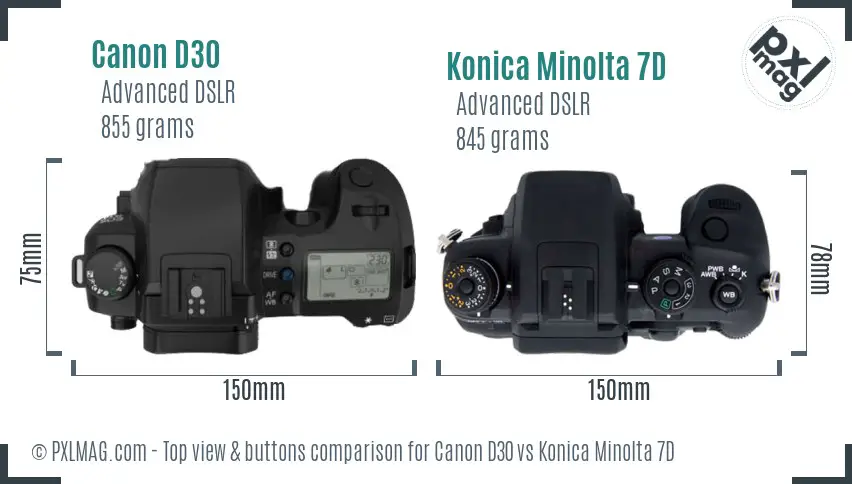 Canon D30 vs Konica Minolta 7D top view buttons comparison