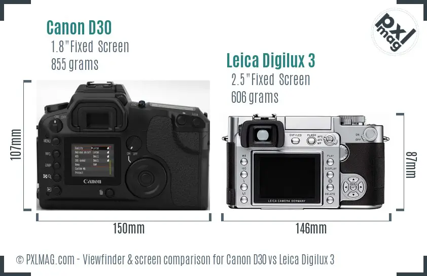 Canon D30 vs Leica Digilux 3 Screen and Viewfinder comparison