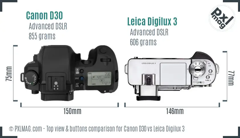 Canon D30 vs Leica Digilux 3 top view buttons comparison