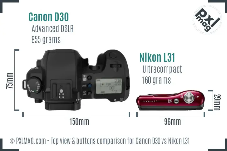 Canon D30 vs Nikon L31 top view buttons comparison