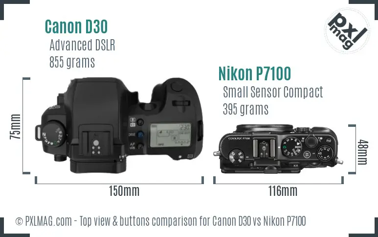 Canon D30 vs Nikon P7100 top view buttons comparison