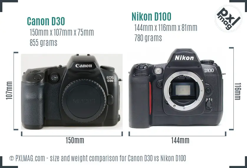 Canon D30 vs Nikon D100 size comparison