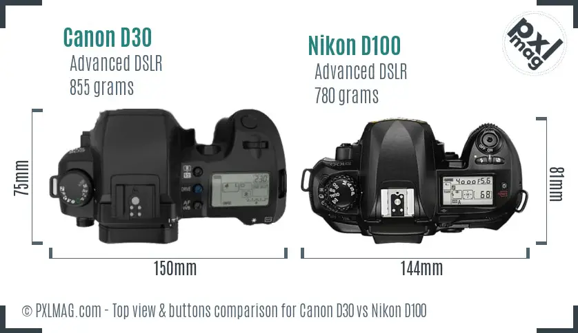 Canon D30 vs Nikon D100 top view buttons comparison