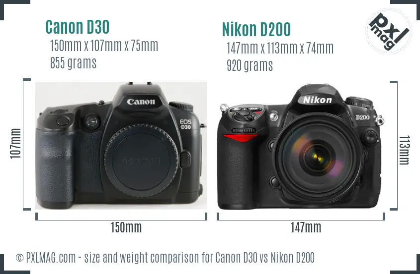Canon D30 vs Nikon D200 size comparison