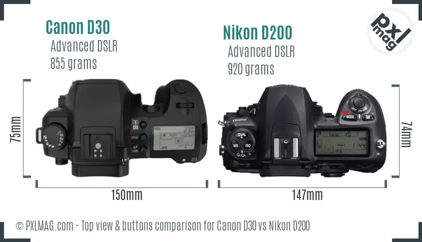Canon D30 vs Nikon D200 top view buttons comparison