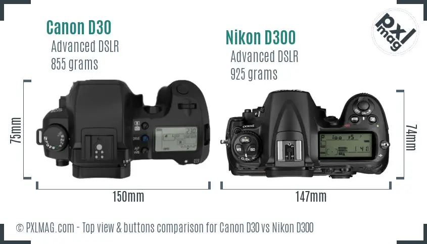 Canon D30 vs Nikon D300 top view buttons comparison Canon D30 vs Nikon D300 top view buttons comparison