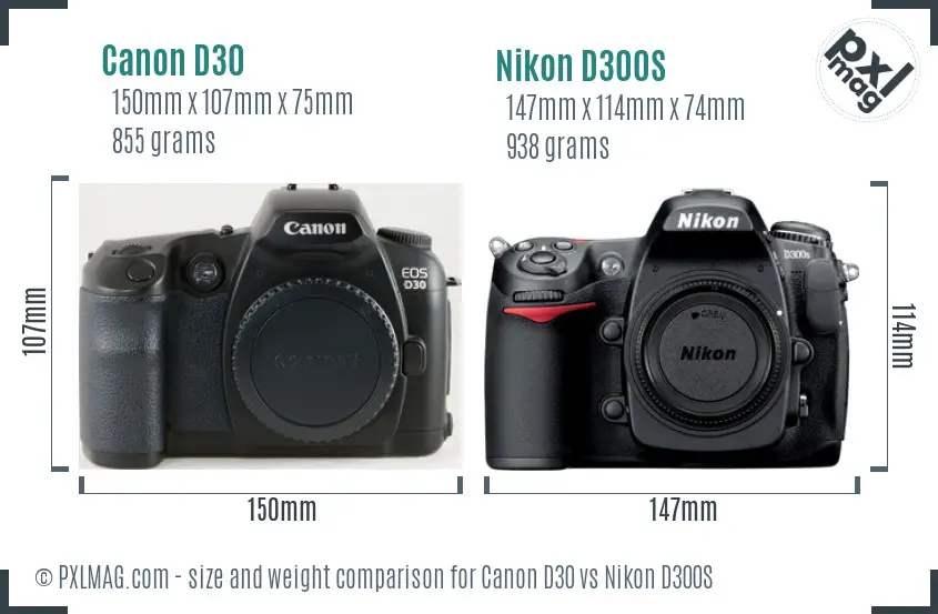 Canon D30 vs Nikon D300S size comparison