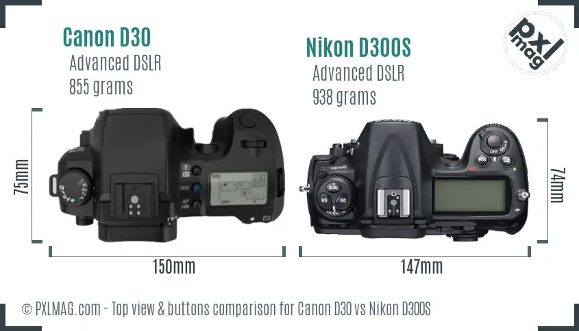 Canon D30 vs Nikon D300S top view buttons comparison