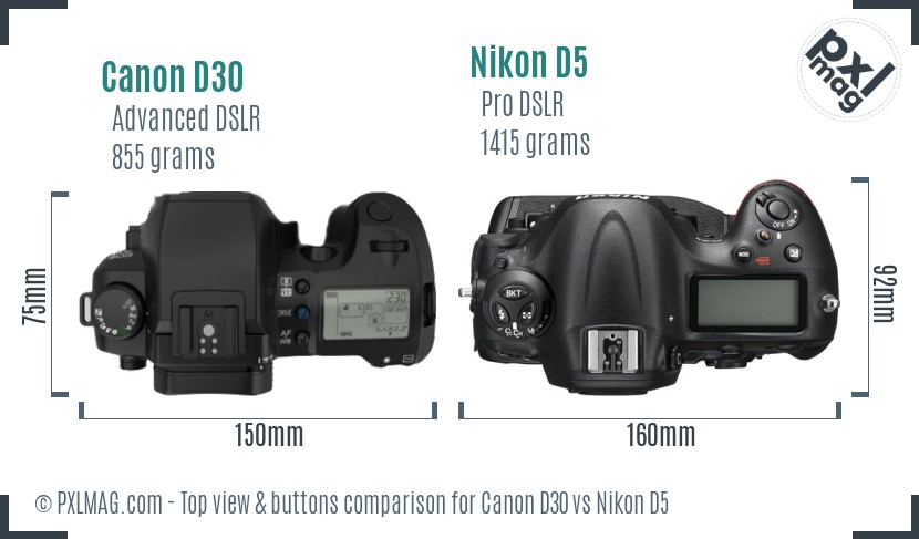 Canon D30 vs Nikon D5 top view buttons comparison
