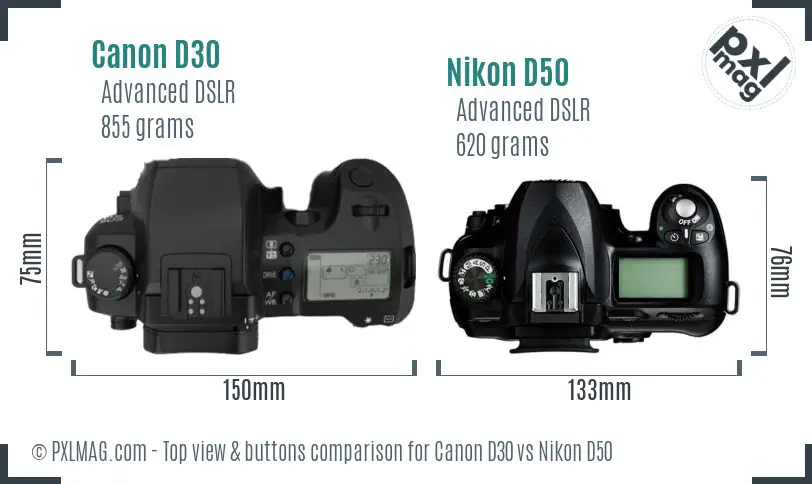 Canon D30 vs Nikon D50 top view buttons comparison