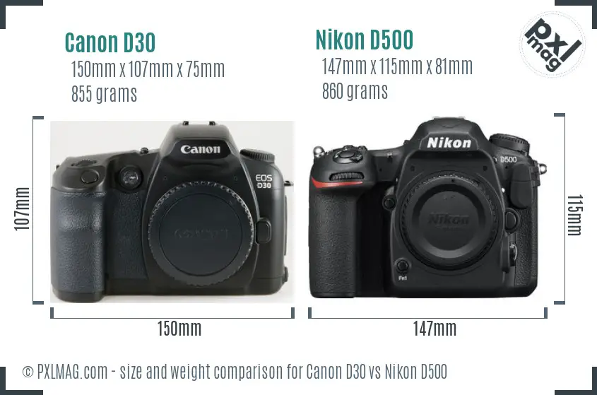 Canon D30 vs Nikon D500 size comparison