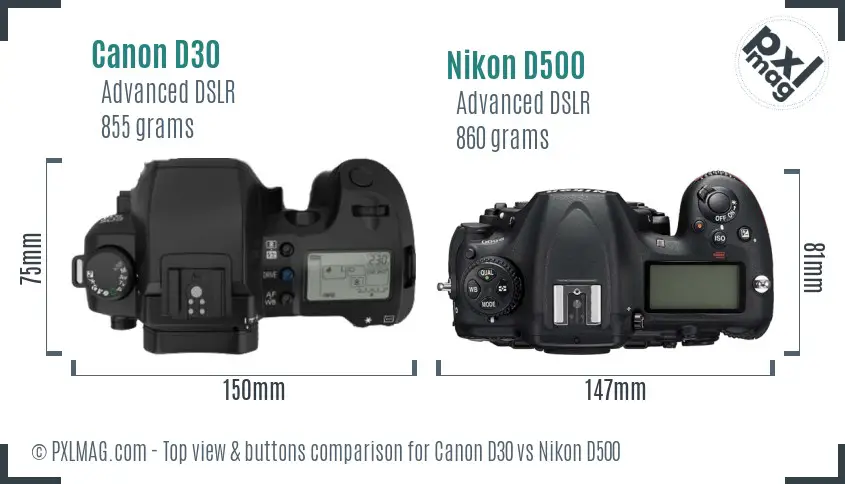 Canon D30 vs Nikon D500 top view buttons comparison