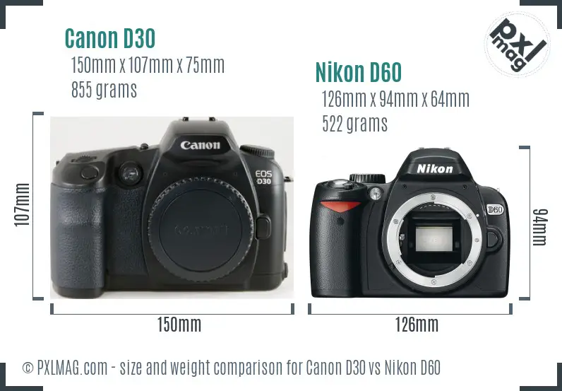 Canon D30 vs Nikon D60 size comparison