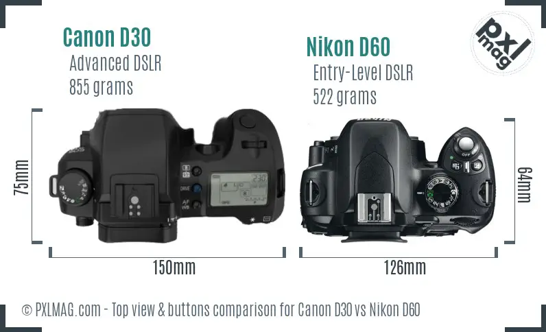 Canon D30 vs Nikon D60 top view buttons comparison