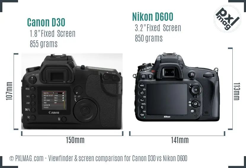 Canon D30 vs Nikon D600 Screen and Viewfinder comparison Canon D30 vs Nikon D600 Screen and Viewfinder comparison