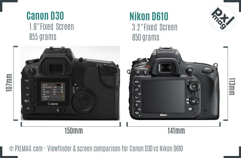 Canon D30 vs Nikon D610 Screen and Viewfinder comparison