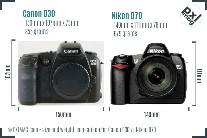 Canon D30 vs Nikon D70 size comparison