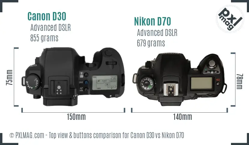 Canon D30 vs Nikon D70 top view buttons comparison