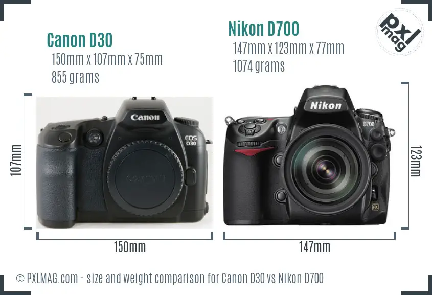 Canon D30 vs Nikon D700 size comparison