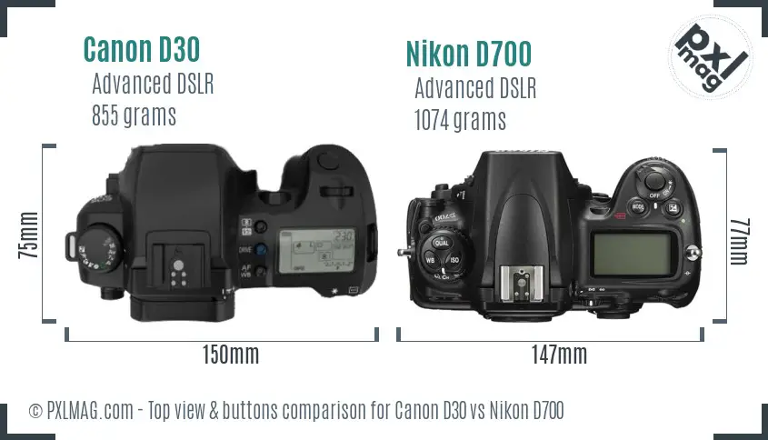 Canon D30 vs Nikon D700 top view buttons comparison