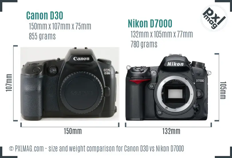 Canon D30 vs Nikon D7000 size comparison