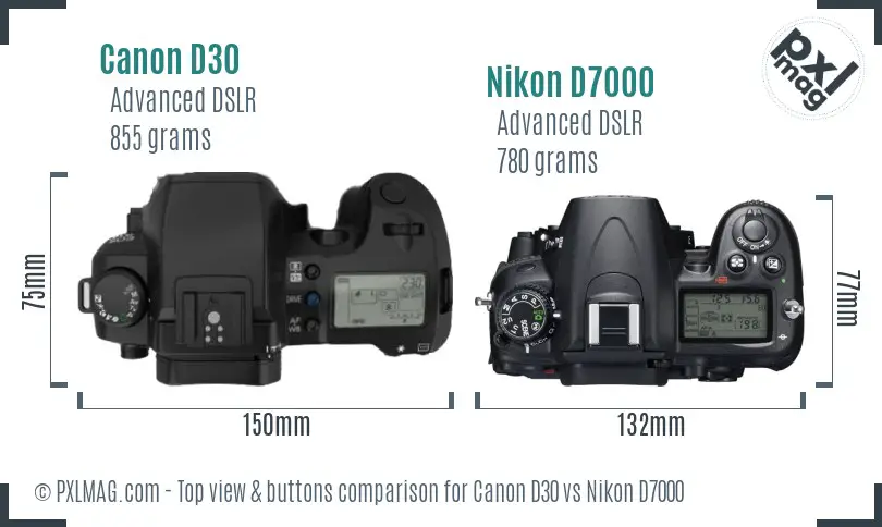 Canon D30 vs Nikon D7000 top view buttons comparison