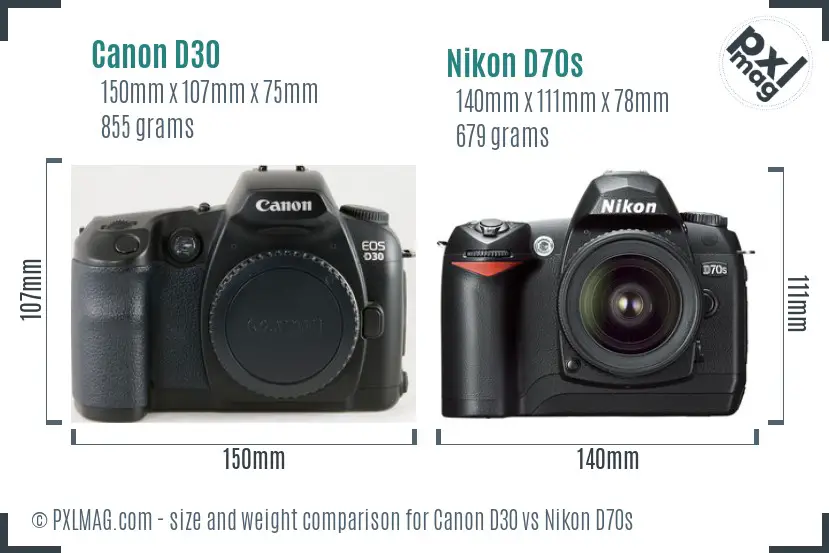 Canon D30 vs Nikon D70s size comparison