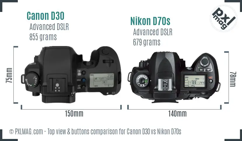 Canon D30 vs Nikon D70s top view buttons comparison