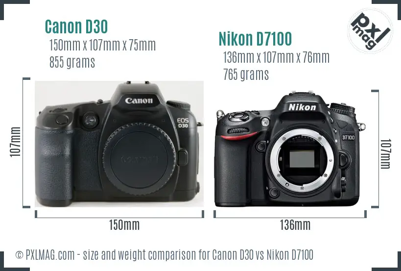 Canon D30 vs Nikon D7100 size comparison